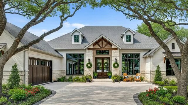 A beautiful, modern house with a wellmanicured lawn and a circular driveway is framed by large trees under a clear blue sky