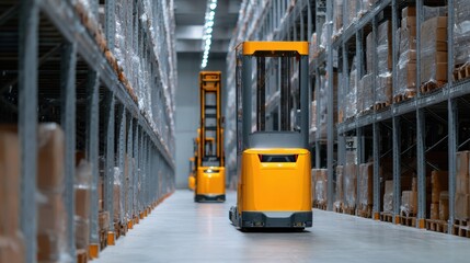Automated warehouse with robotic forklifts moving pallets, efficient order fulfillment. Logistics, automation. Industrial, organized.