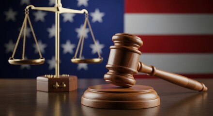 Wooden gavel and brass scales of justice against American flag background judge