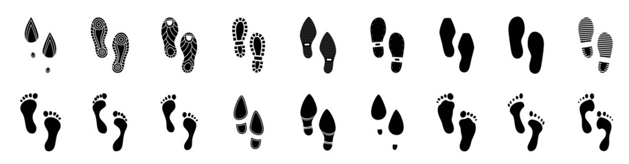 Trails of various human footprints. Vector isolated lines of male and female footwear steps. Human foot mark silhouettes. Women and men shoes tracks. and boot footsteps, vector illustration