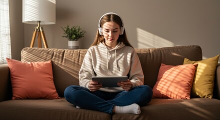 Fototapeta premium Teenage Girl Taking Online Class with Headphones on Couch