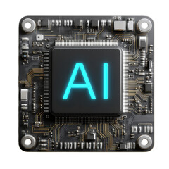 Fototapeta premium AI-Focused Microprocessor Illustration: PNG Graphic for Machine Learning and Data Science. Includes 'AI' label, ideal for tech blogs, presentations, and educational content.