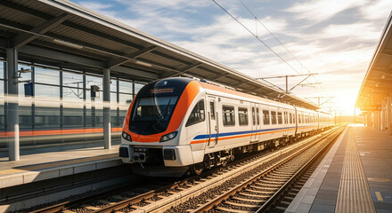 High speed train on the railway station at sunset. Industrial landscape with modern intercity passenger train on the railway platform and blue cloudy sky. Railroad in Europe. Commercial transportation