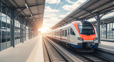 High speed train on the railway station at sunset. Industrial landscape with modern intercity passenger train on the railway platform and blue cloudy sky. Railroad in Europe. Commercial transportation