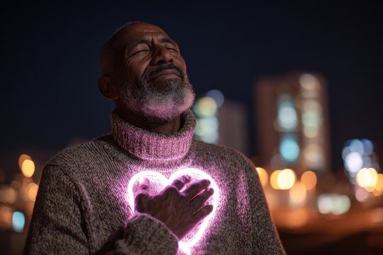 Mature African American man in warm sweater expressing emotion with glowing heart at night in urban setting with blurred city lights