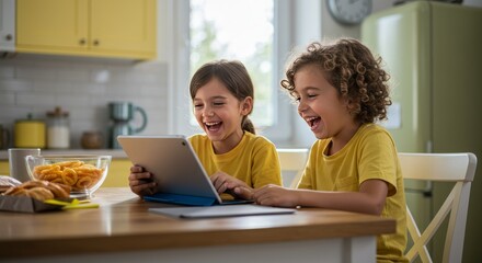 Two Kids Sharing Tablet and Laughing During Online Session