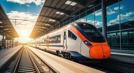 Fototapeta premium High speed train on the railway station at sunset. Industrial landscape with modern intercity passenger train on the railway platform and blue cloudy sky. Railroad in Europe. Commercial transportation