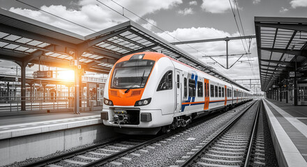 High speed train on the railway station at sunset. Industrial landscape with modern intercity passenger train on the railway platform and blue cloudy sky. Railroad in Europe. Commercial transportation