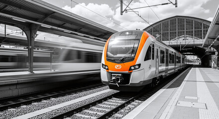 Fototapeta premium High speed train on the railway station at sunset. Industrial landscape with modern intercity passenger train on the railway platform and blue cloudy sky. Railroad in Europe. Commercial transportation