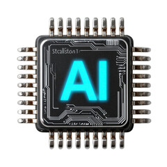 AI-Focused Microprocessor Illustration: PNG Graphic for Machine Learning and Data Science. Includes 'AI' label, ideal for tech blogs, presentations, and educational content.