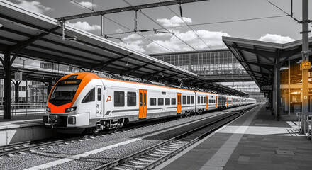 Obraz premium High speed train on the railway station at sunset. Industrial landscape with modern intercity passenger train on the railway platform and blue cloudy sky. Railroad in Europe. Commercial transportation