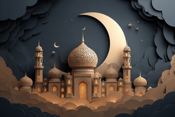 Eid Mubarak celebration featuring an ornate mosque illuminated by the crescent moon in a serene, starry sky during the holy festival