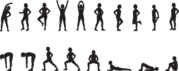 Vector silhouettes of people in action, women, exercise, stretching , physiotherapy, workout, pose, gym, sport, illustrations