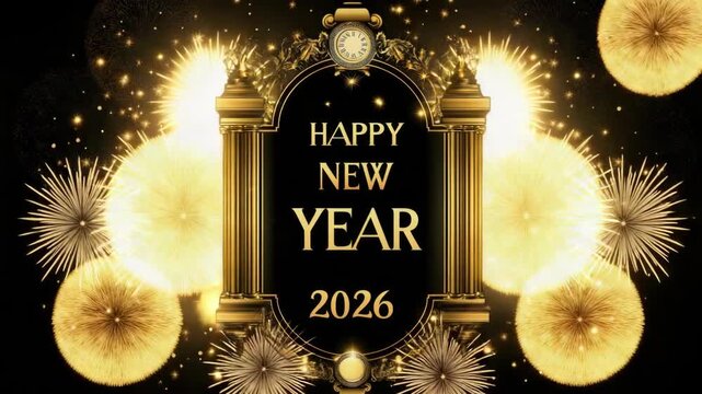 Happy new year 2026 celebration with gold fireworks and clock. Happy New Year 2026