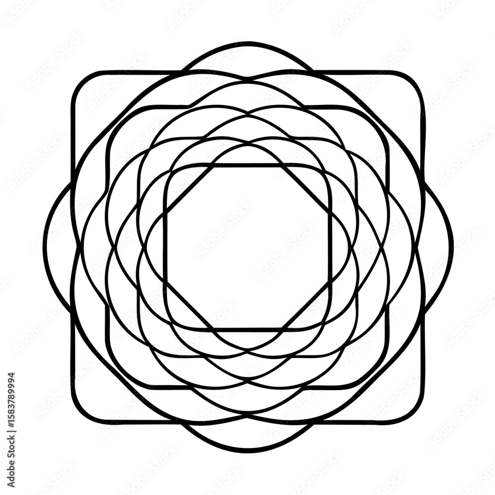 Poster geometric design with nested rounded squares overlapping curved lines on curves