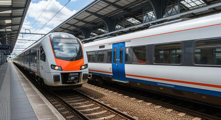 Fototapeta premium High speed train on the railway station at sunset. Industrial landscape with modern intercity passenger train on the railway platform and blue cloudy sky. Railroad in Europe. Commercial transportation