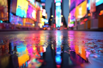 Obraz premium Colorful neon lights illuminate city streets with vibrant reflections in rain-soaked pavement at dusk