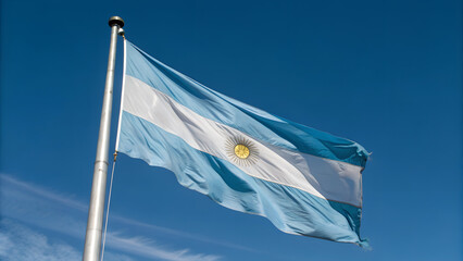 The national flag of argentina waves gently in the breeze against a vibrant blue sky, representing the countrys history and spirit