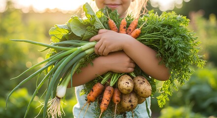 Child holding freshly harvested vegetables including carrots potatoes and green onions image