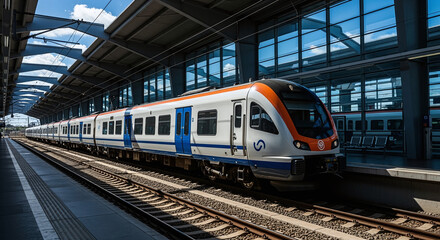 Obraz premium High speed train on the railway station at sunset. Industrial landscape with modern intercity passenger train on the railway platform and blue cloudy sky. Railroad in Europe. Commercial transportation
