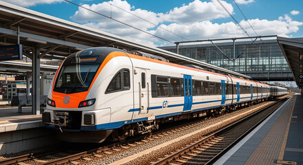 Obraz premium High speed train on the railway station at sunset. Industrial landscape with modern intercity passenger train on the railway platform and blue cloudy sky. Railroad in Europe. Commercial transportation