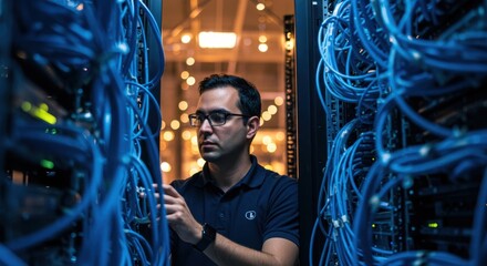 Focused it professional meticulously managing a dense network of vibrant blue cables within a server rack environment