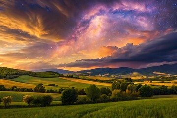 Naklejka premium Golden light bathes the rolling hills and fields under a dramatic sunset sky, creating a picturesque countryside scene
