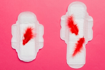 Women hygiene products or Sanitary pad with red feather on colored background. Pastel color....