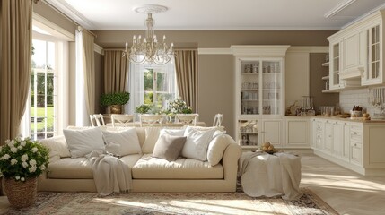 A light-filled, spacious, and elegant living area with a charming kitchen.