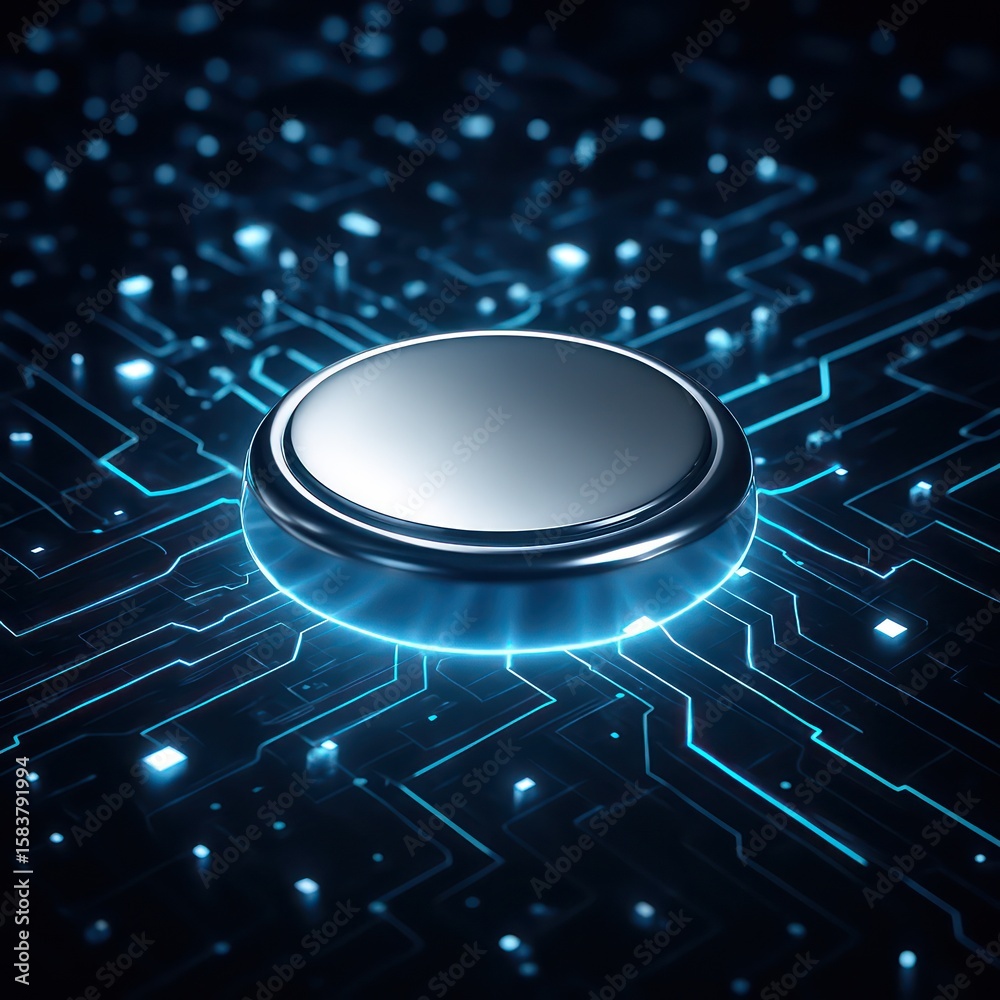 Poster a high-tech, futuristic image of a metallic button placed on top of a complex circuit board with bri