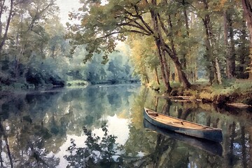 Tranquil canoe resting on a calm river surrounded by lush forest