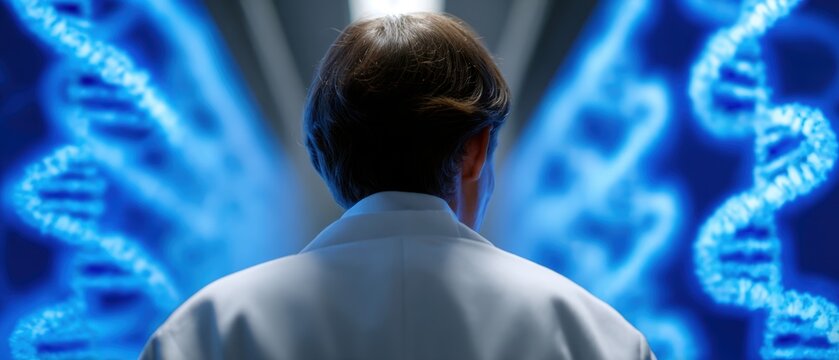 Geneticist mapping gene sequences on a powerful supercomputer, advanced genomic research. Bioinformatics, personalized medicine. Dark, analytical.