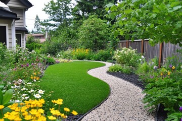 Obraz premium Curved turf walkway bordered by colorful flowers and black stones, set in a cozy suburban garden with wood fencing and blooming plants. Ideal for landscaping visuals.