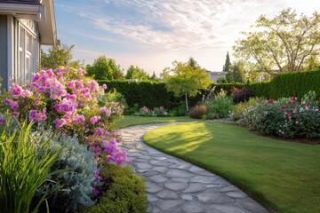 Naklejka premium Serene backyard garden with vibrant seasonal blooms, botanical textures, and soft early light. A tranquil scene perfect for outdoor living, gardening ads, and home design visuals.