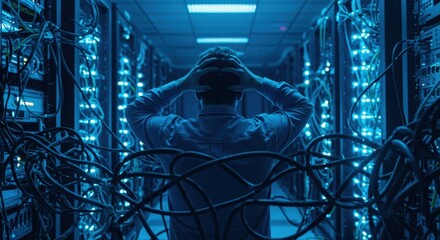 Frustrated it professional overwhelmed by tangled server cables and blinking blue lights in a dark data center