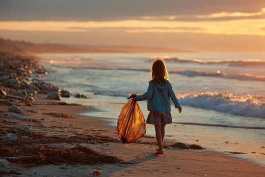 Young girl collecting trash on beach at sunset, promoting environmental awareness and community involvement in coast cleanup