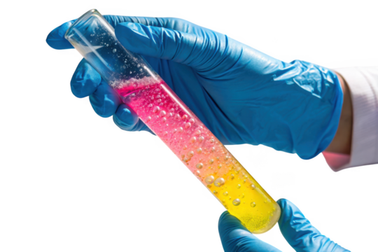 Scientist holding test tube with bubbling pink and yellow liquid isolated on transparent background