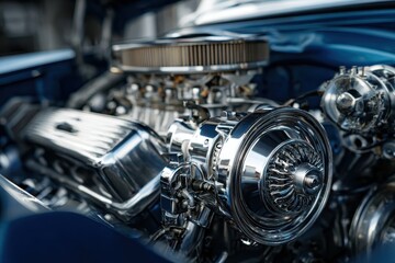 Fototapeta premium Close up view of a polished classic car engine showcasing intricate details and metallic sheen