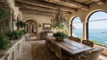 Elegant dining room with ocean views.