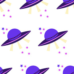Flying saucers on a background of stars, symbolizing extraterrestrial exploration. Vector illustration in a flat style. Seamless pattern on a white background