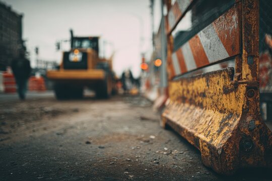 Close up view of a worn construction barrier near ongoing roadwork in an urban area on an overcast day