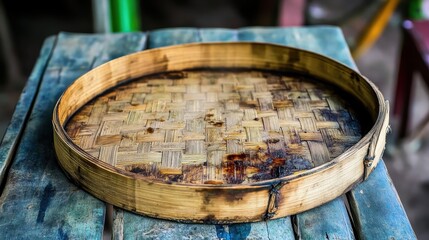 Fototapeta premium Wooden Bamboo Tray with Woven Design on Rustic Table Surface