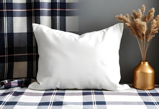 Clean White Linen Pillow Cushion Mockup Placed on a Soft Plaid Blanket, Ideal for Home Decor and Interior Design Branding