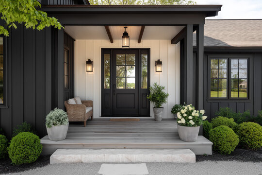 A front door on a black and white modern farmhouse. A front door detail of a white and black modern farmhouse with a black front door and pillars, black light fixtures, and a covered porch.