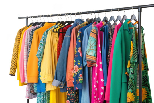 Colorful assortment of women s clothing hanging on a rack isolated on transparent background