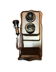 Retro wooden telephone hanging on wall, old-fashioned means of communication, vintage thing that dates back to 1900s, isolated object cut out with clipping path, soft selective focus
