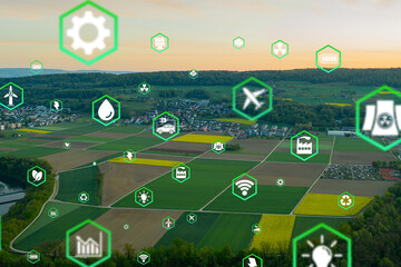 Environment. Crystal ball on moss in green forest. there is a symbolic icon Inclusive Environment, Ecology, Earth Day, Forest Conservation, CSR, ESG, NET ZERO