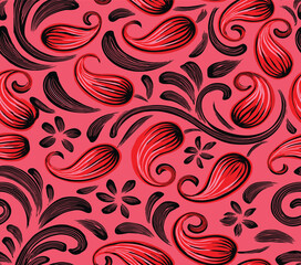 Seamless Pattern Paisley Motifs And Stylized Floral Elements On A Pink Background, With Details In Red And Black.