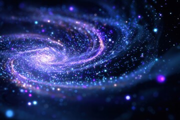 Swirling magical spiral of glowing particles illuminating the dark cosmic night sky with vibrant hues of blue and purple, creating a mesmerizing astral spectacle