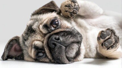 Obraz premium Pug puppy lying on its back, curious expression